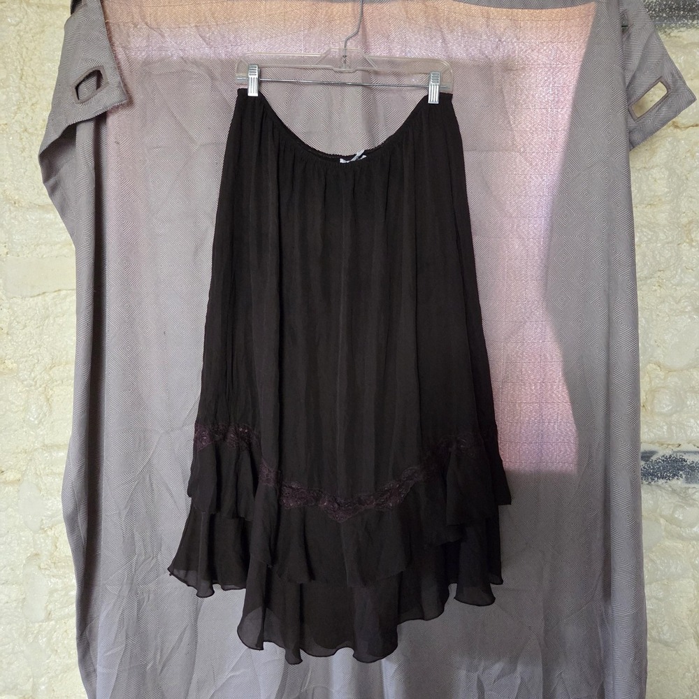 Amanda Lane Skirt Womens 16 Brown Solid Peasant Midi Chiffon Layered Ruffle